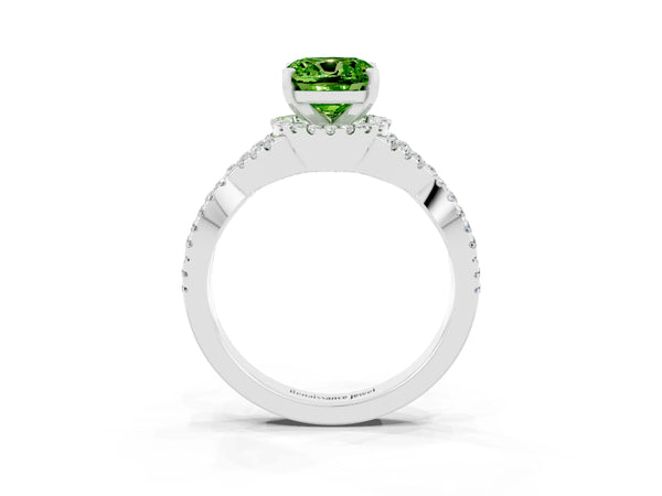 White gold Cushion Cut Peridot  Halo Twist Band Solitaire Prong Setting Ring