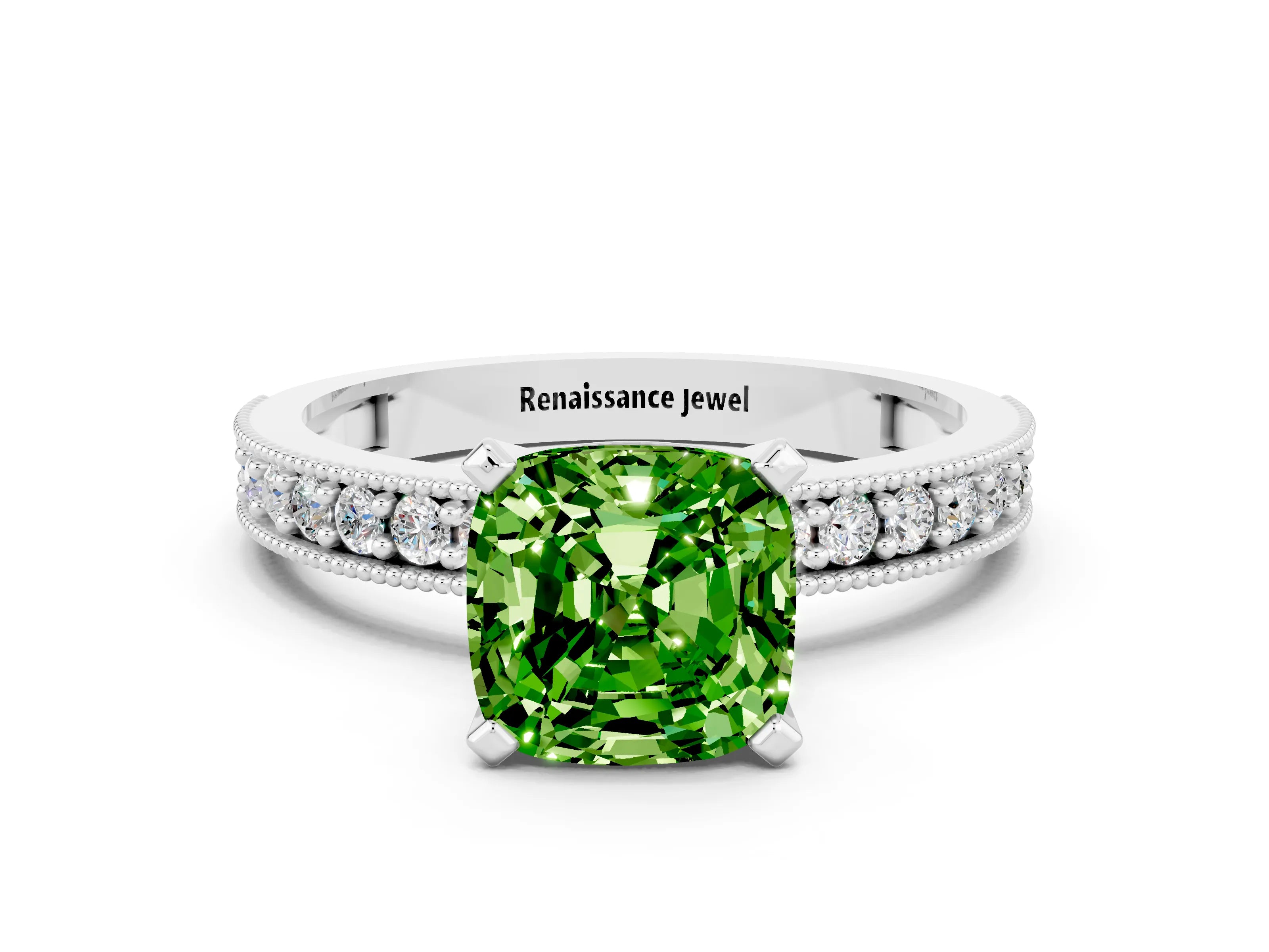 White gold Cushion Cut Peridot Milgrain Pavé Engagement Ring with Four-Prong Setting_12