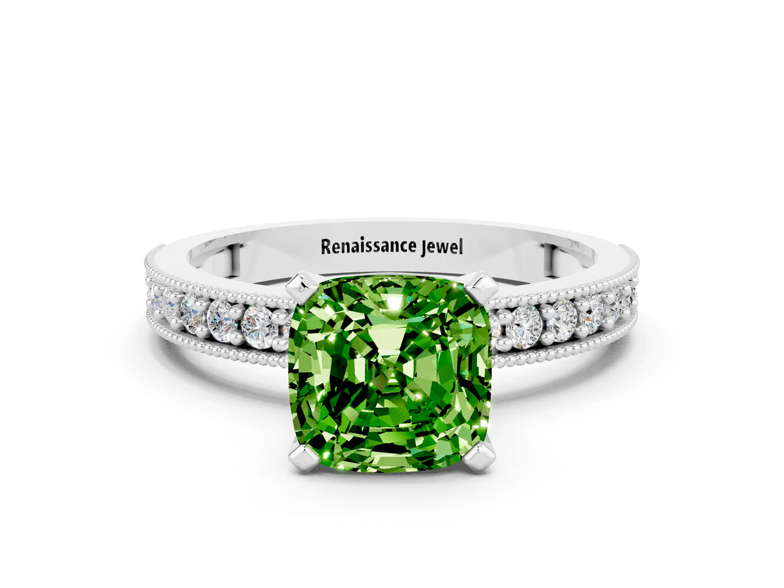 White gold Cushion Cut Peridot Milgrain Pavé Engagement Ring with Four-Prong Setting_12
