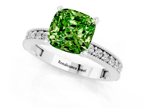 White gold Cushion Cut Peridot Milgrain Pavé Engagement Ring with Four-Prong Setting_13