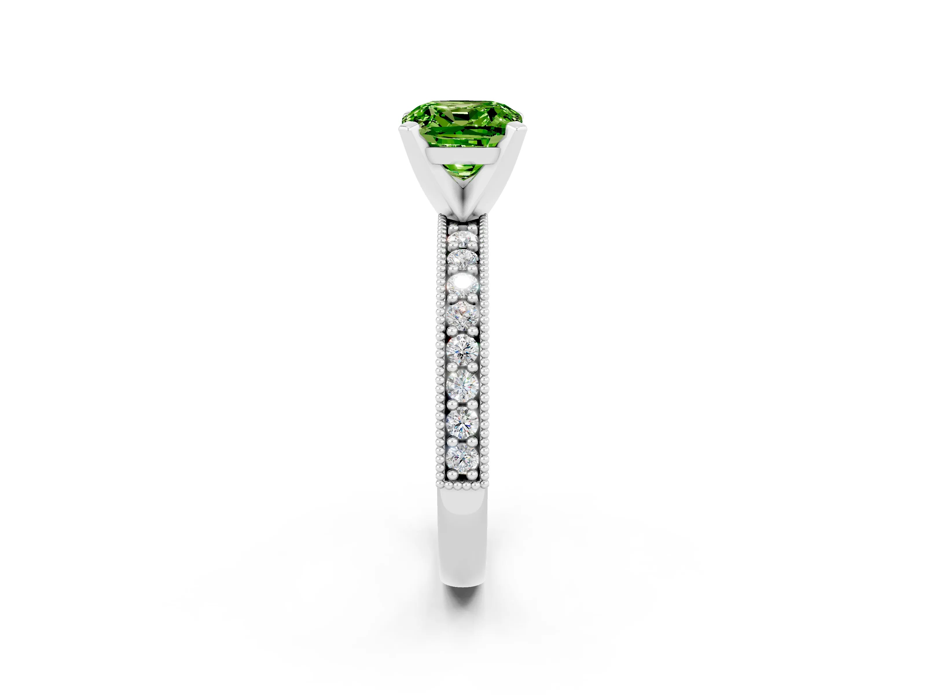 White gold Cushion Cut Peridot Milgrain Pavé Engagement Ring with Four-Prong Setting_14