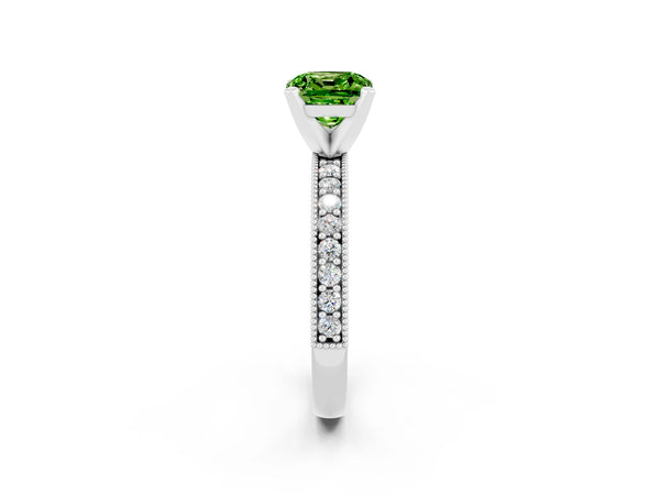 Silver Cushion Cut Peridot Milgrain Pavé Engagement Ring with Four-Prong Setting