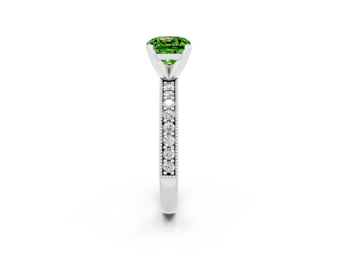 White gold Cushion Cut Peridot Milgrain Pavé Engagement Ring with Four-Prong Setting_14
