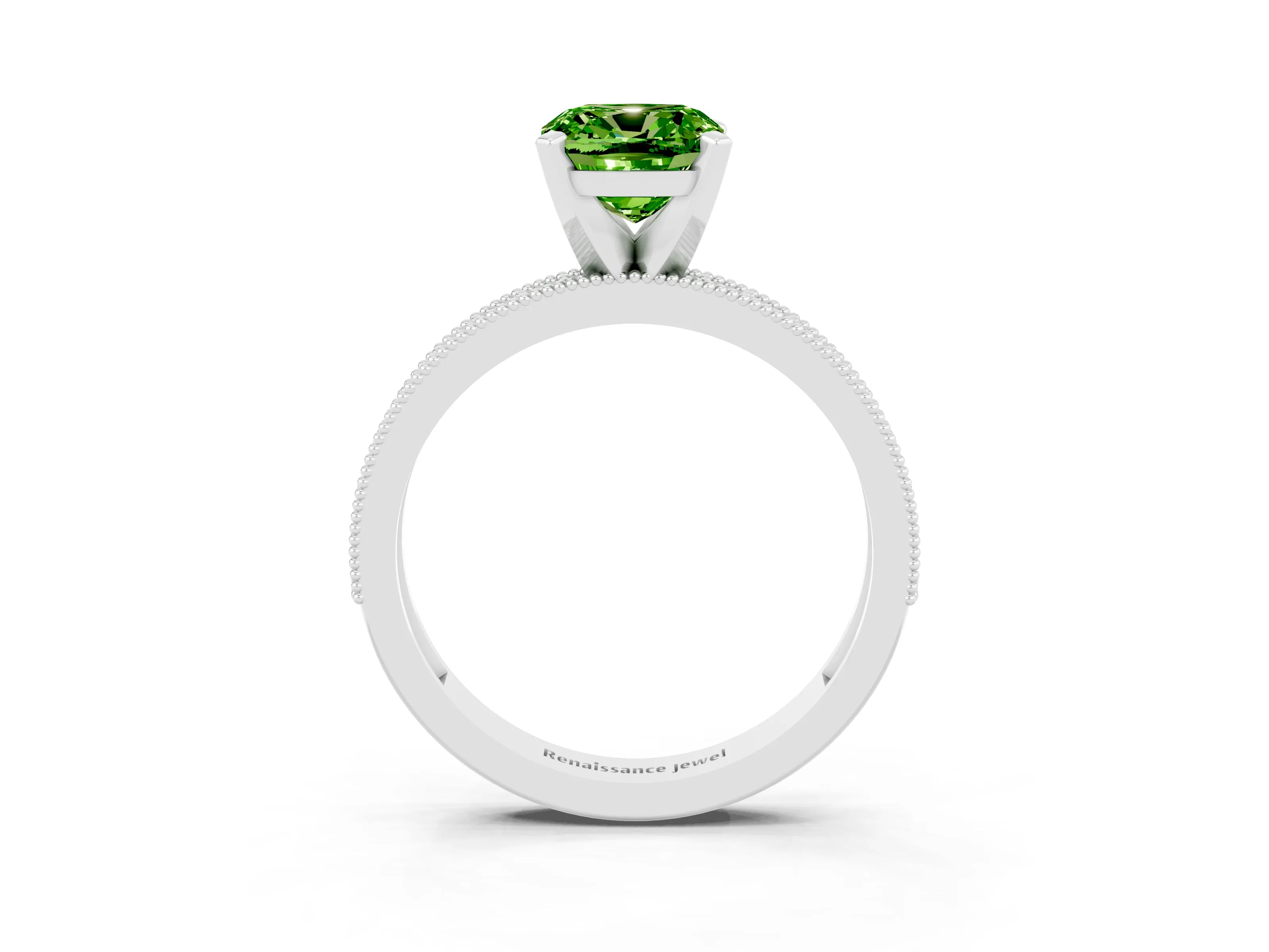 White gold Cushion Cut Peridot Milgrain Pavé Engagement Ring with Four-Prong Setting_15