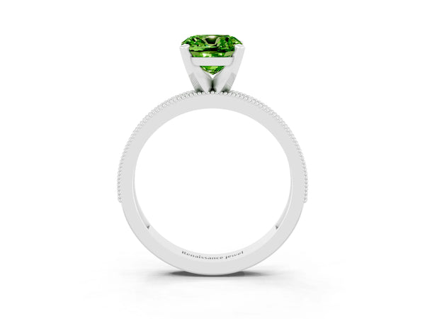 Silver Cushion Cut Peridot Milgrain Pavé Engagement Ring with Four-Prong Setting