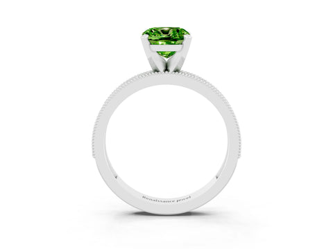 White gold Cushion Cut Peridot Milgrain Pavé Engagement Ring with Four-Prong Setting_15