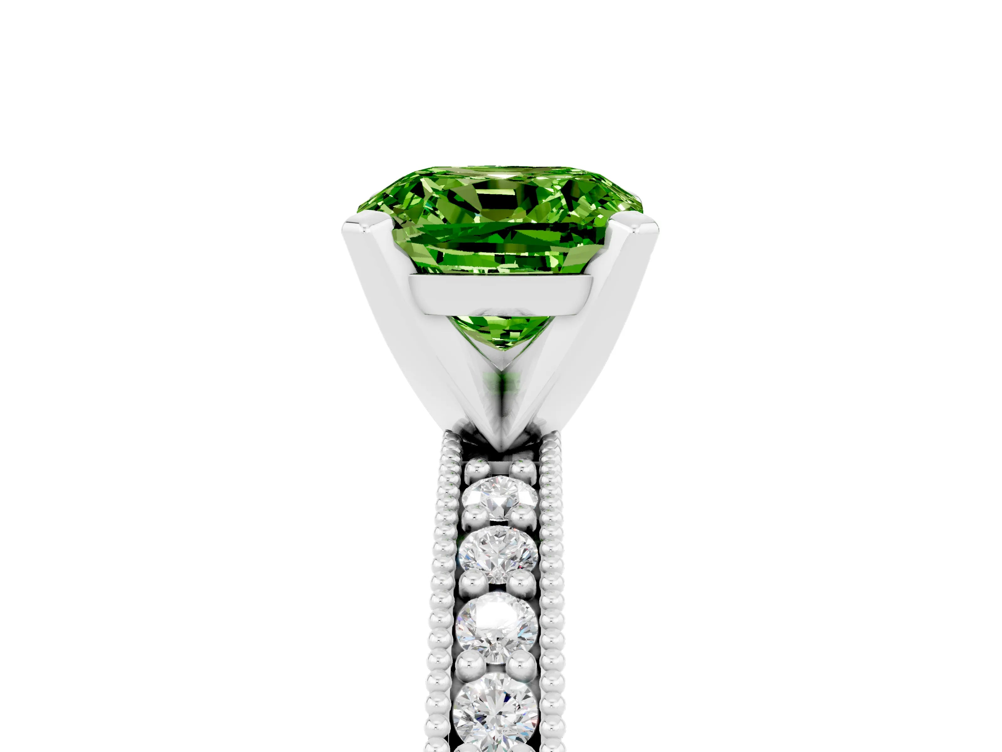 White gold Cushion Cut Peridot Milgrain Pavé Engagement Ring with Four-Prong Setting_17