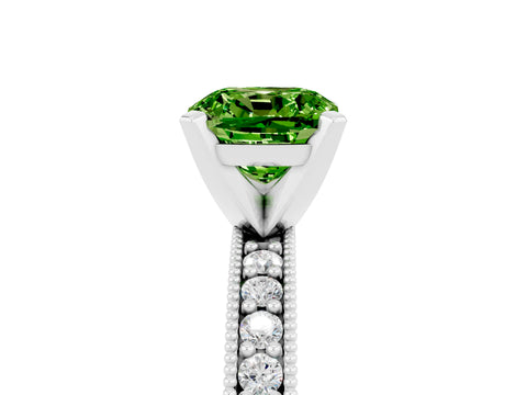 White gold Cushion Cut Peridot Milgrain Pavé Engagement Ring with Four-Prong Setting_17