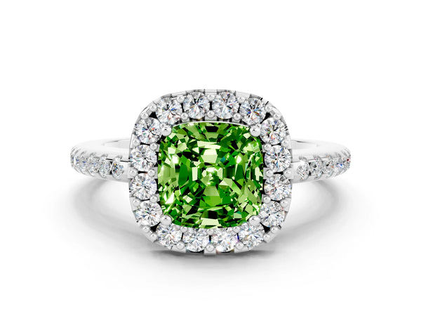 Silver Cushion Cut Peridot Pavé Halo Ring with Four-Prong Setting