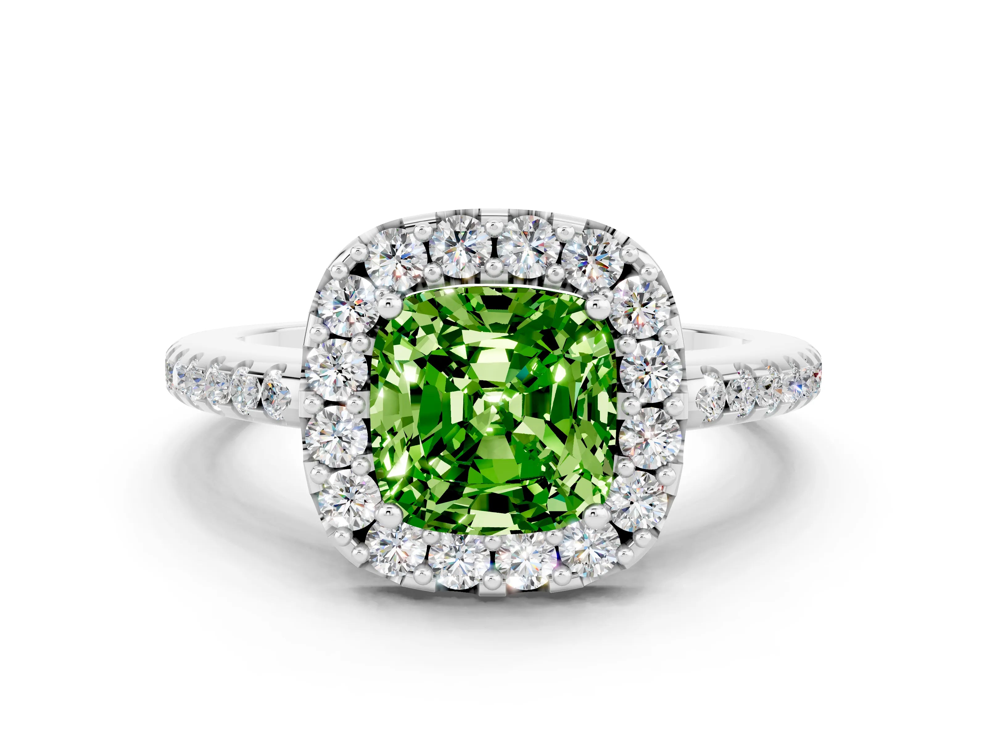 White gold Cushion Cut Peridot Pavé Halo Ring with Four-Prong Setting_12