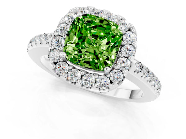 Silver Cushion Cut Peridot Pavé Halo Ring with Four-Prong Setting