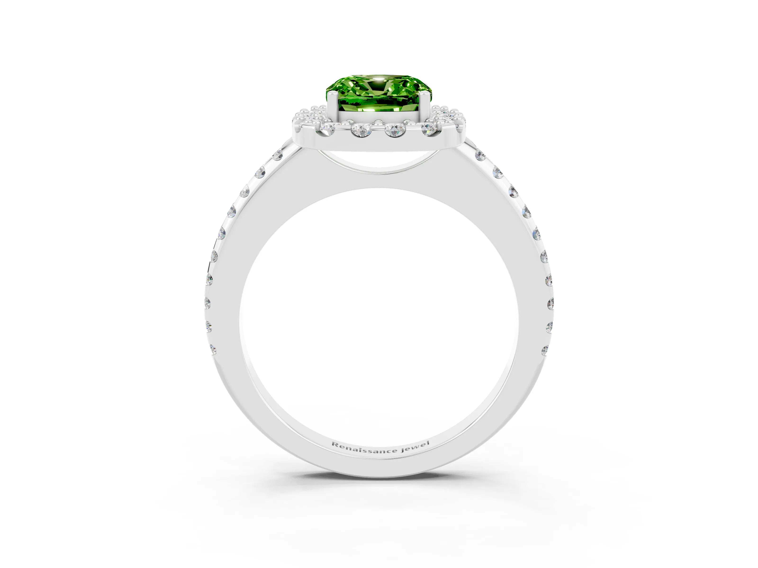 White gold Cushion Cut Peridot Pavé Halo Ring with Four-Prong Setting_15