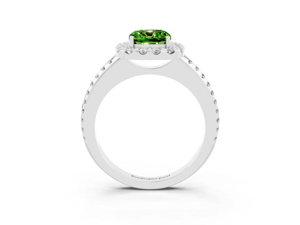 White gold Cushion Cut Peridot Pavé Halo Ring with Four-Prong Setting