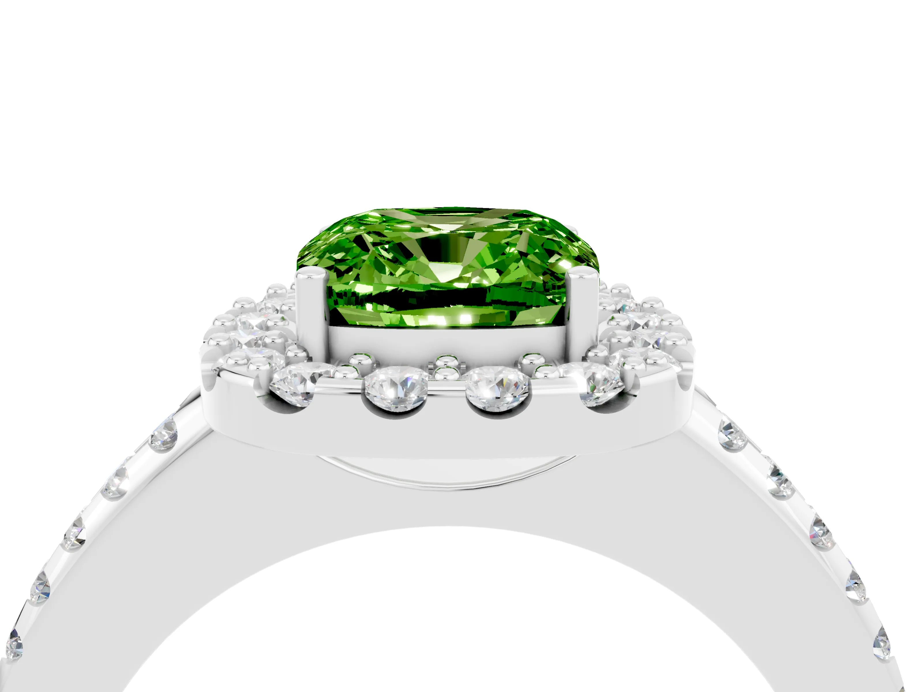 White gold Cushion Cut Peridot Pavé Halo Ring with Four-Prong Setting_16