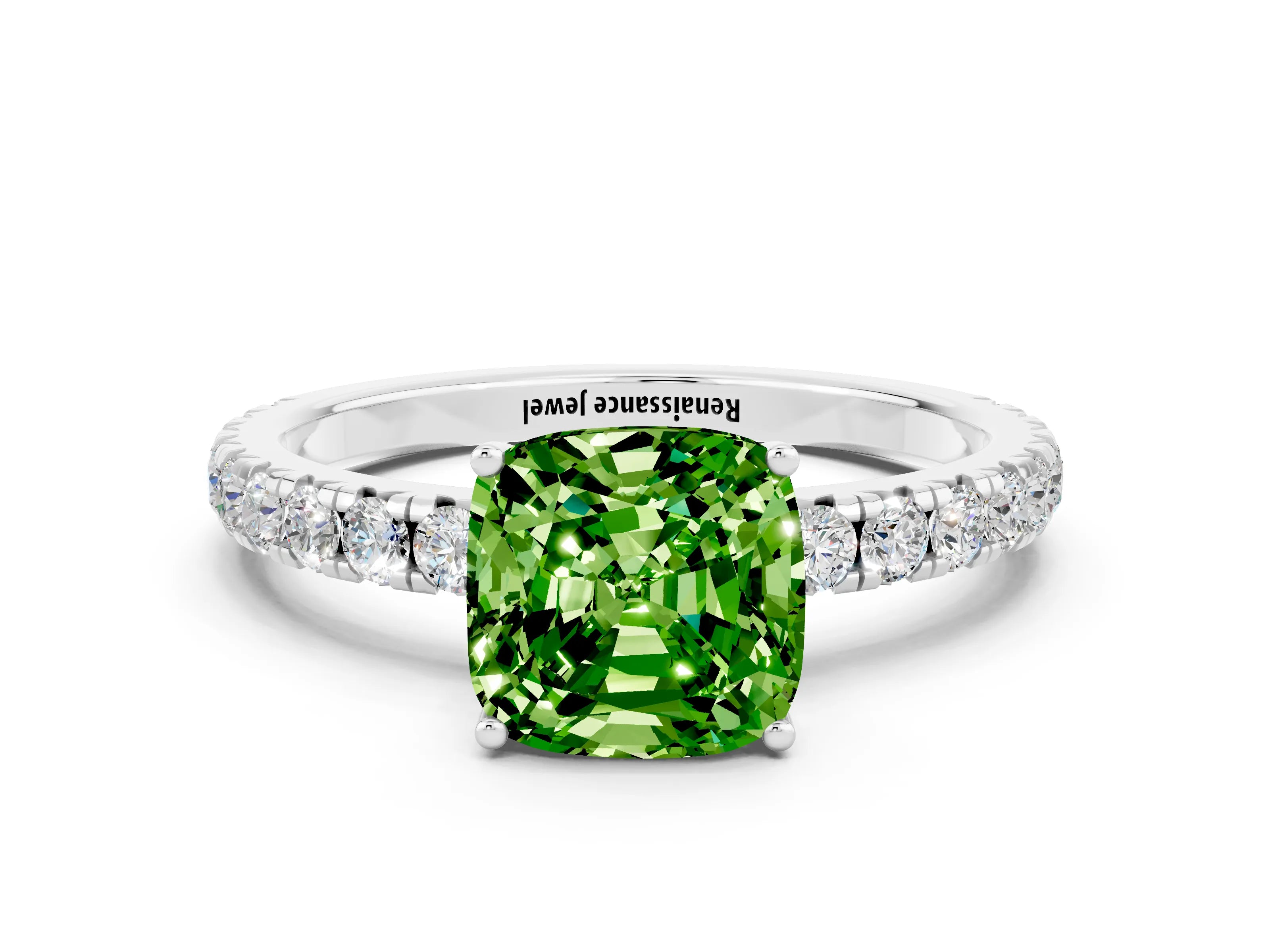 White gold Cushion Cut Peridot Pavé Solitaire Engagement Ring with Four-Prong Setting_12