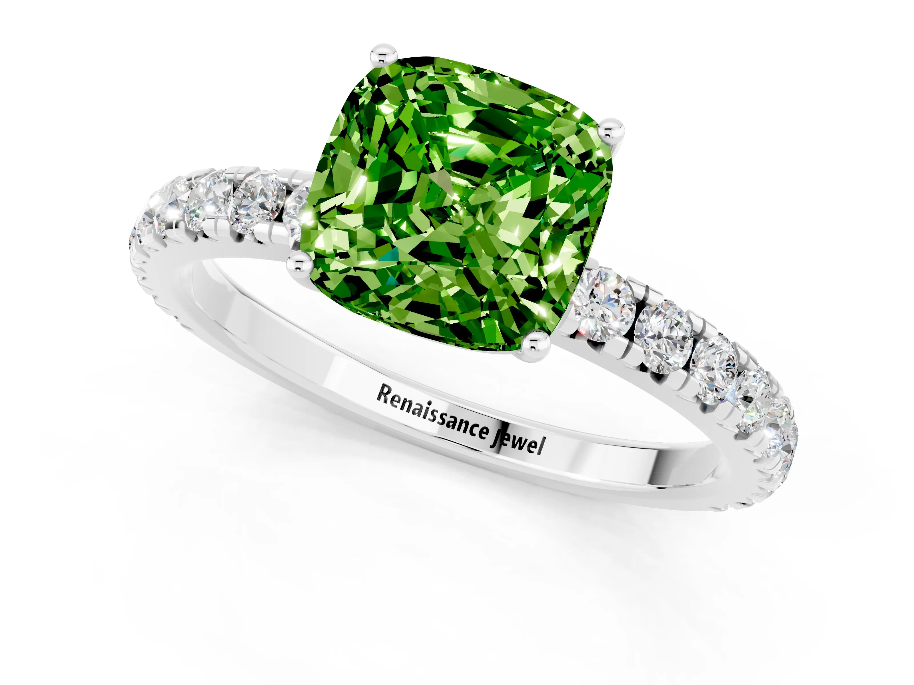 White gold Cushion Cut Peridot Pavé Solitaire Engagement Ring with Four-Prong Setting_13