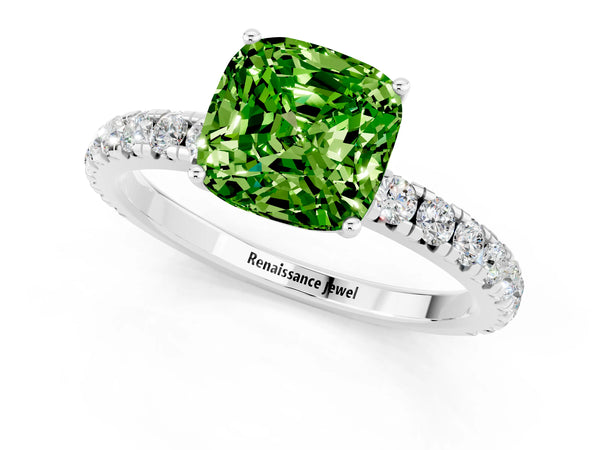 White gold Cushion Cut Peridot Pavé Solitaire Engagement Ring with Four-Prong Setting