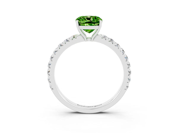 Silver Cushion Cut Peridot Pavé Solitaire Engagement Ring with Four-Prong Setting