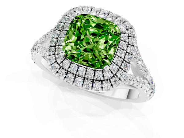 Platinum Cushion Cut Peridot Pavé Split Shank Double Halo Engagement Ring