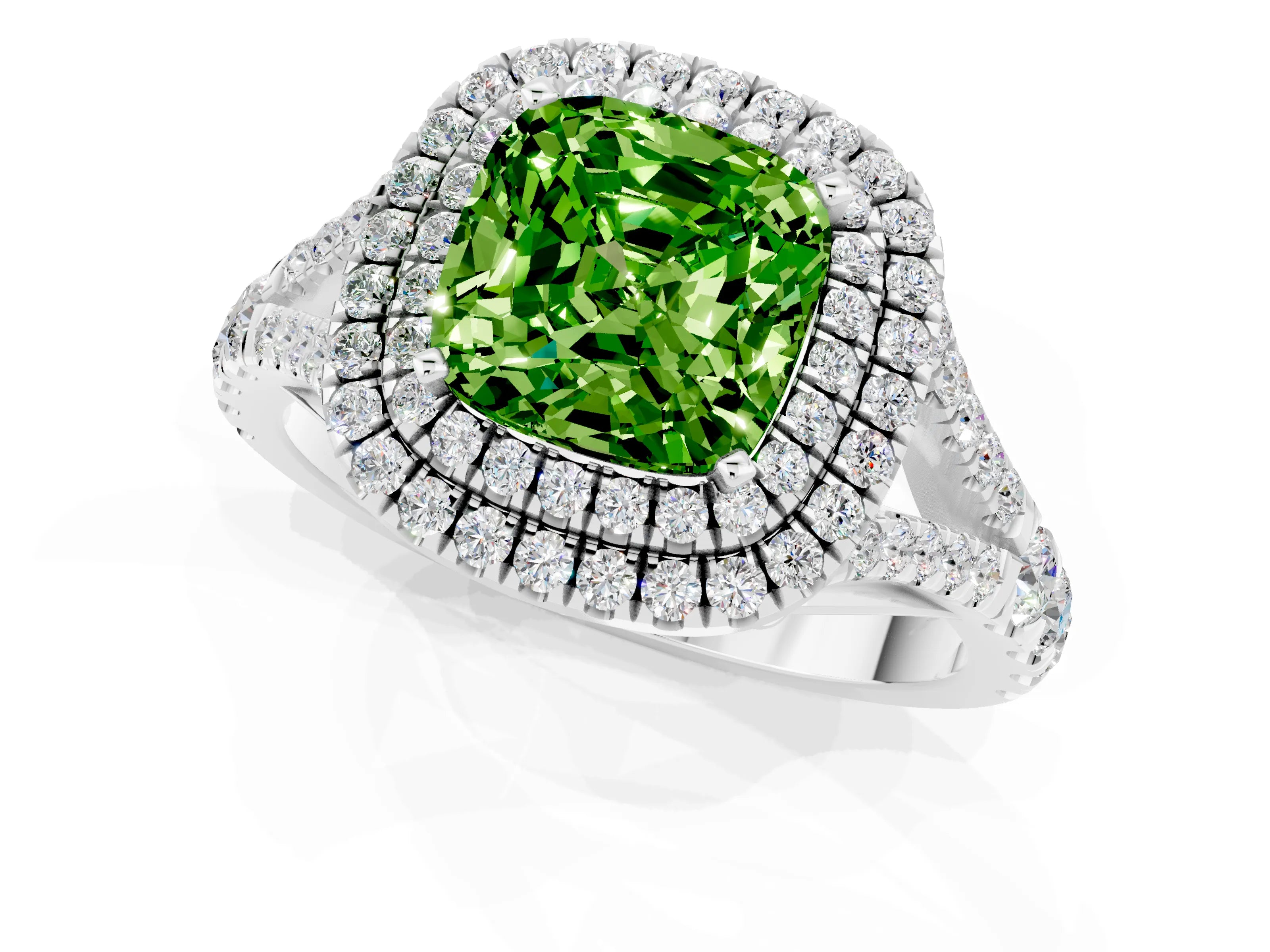 White gold Cushion Cut Peridot Pavé Split Shank Double Halo Engagement Ring_1