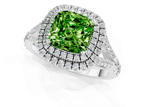 White gold Cushion Cut Peridot Pavé Split Shank Double Halo Engagement Ring_1