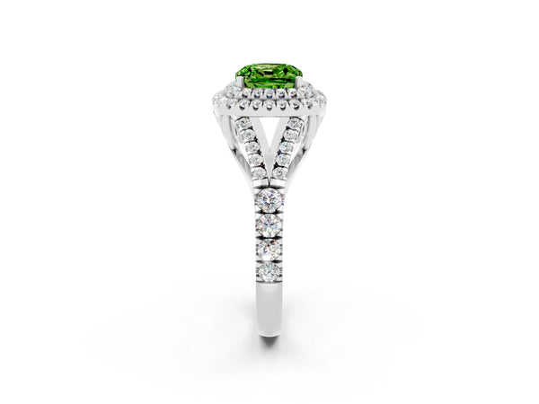 White gold Cushion Cut Peridot Pavé Split Shank Double Halo Engagement Ring