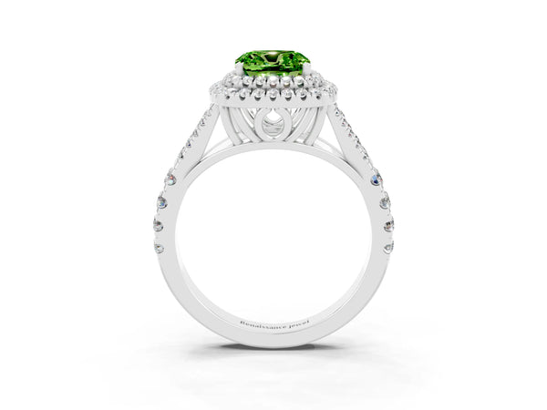 White gold Cushion Cut Peridot Pavé Split Shank Double Halo Engagement Ring