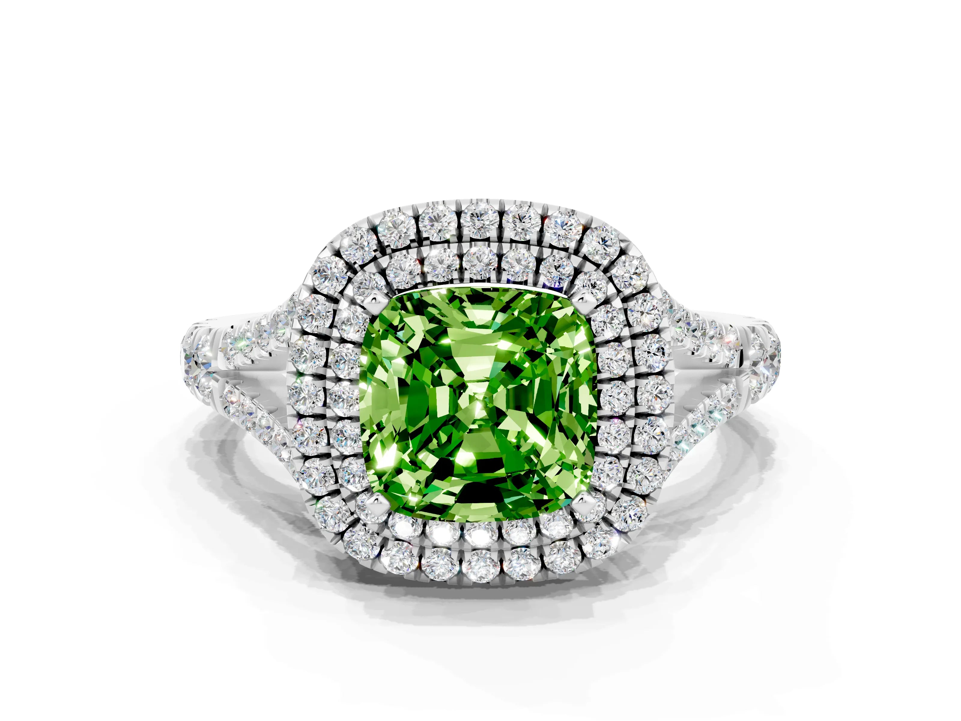 White gold Cushion Cut Peridot Pavé Split Shank Double Halo Engagement Ring