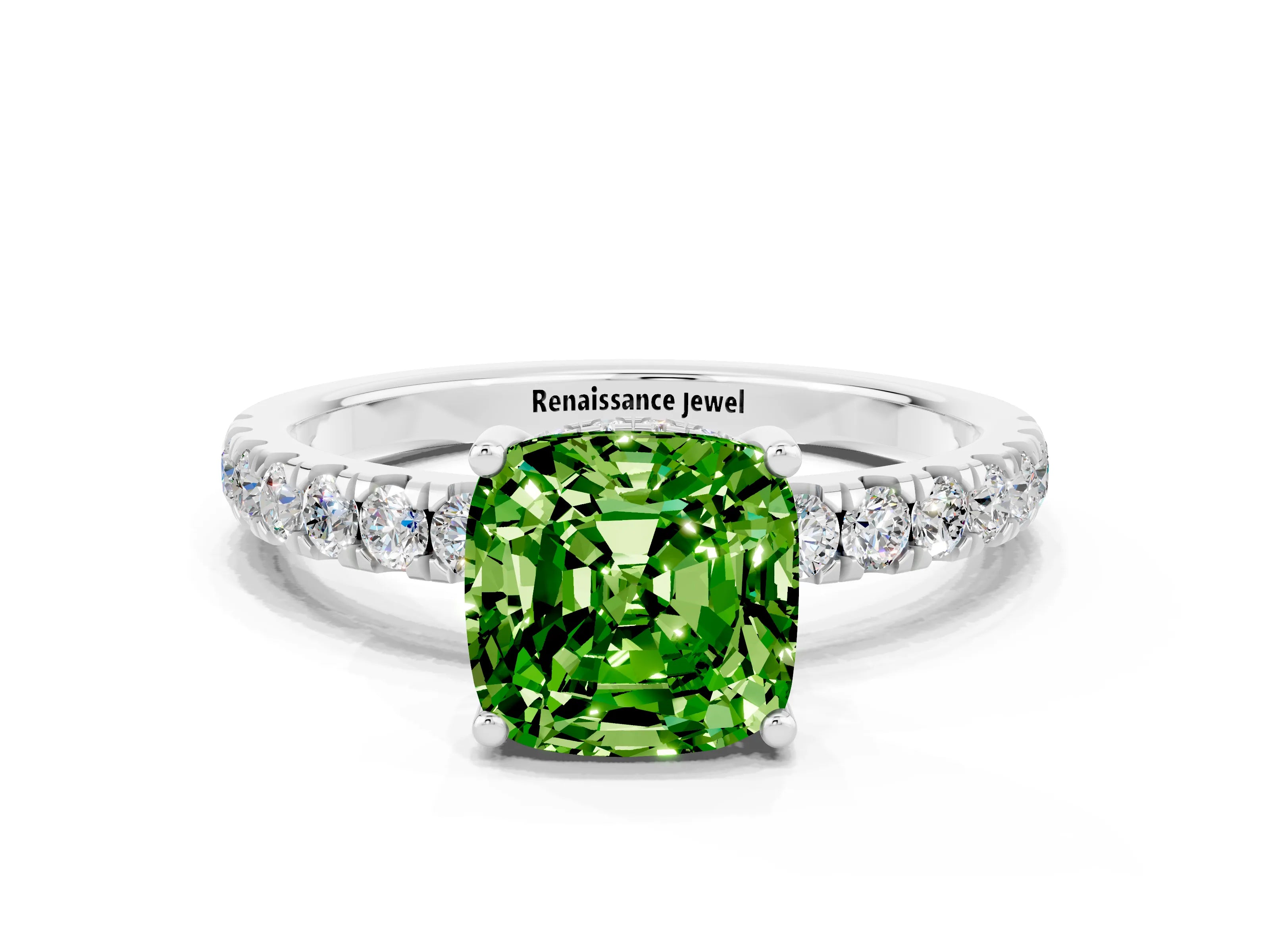 White gold Cushion Cut Peridot Pave Band Solitaire Ring with Four-Prong Setting_24