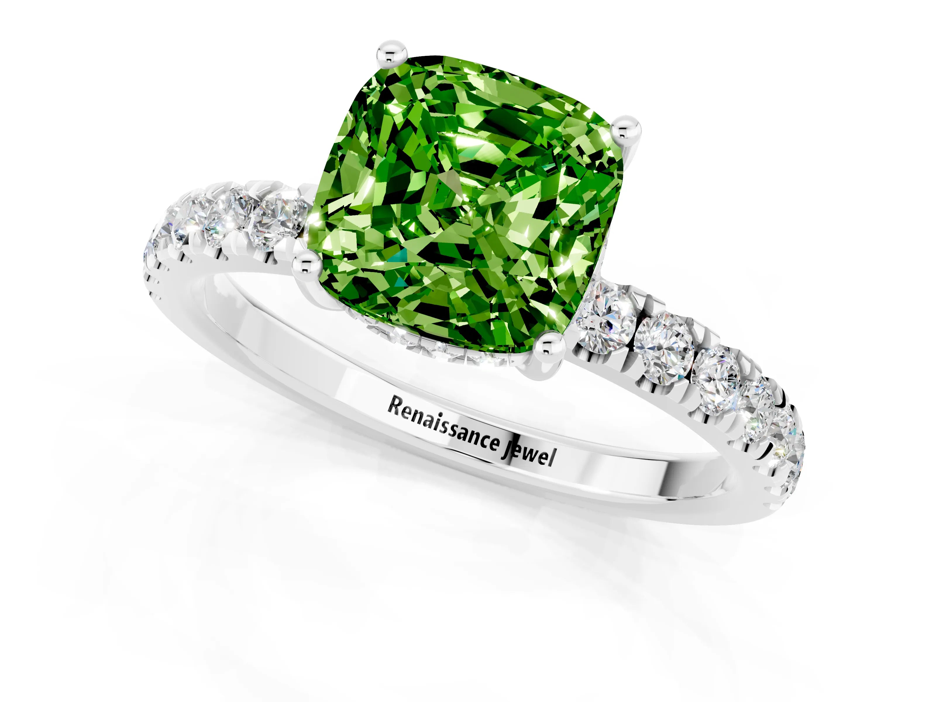 White gold Cushion Cut Peridot Pave Band Solitaire Ring with Four-Prong Setting_25