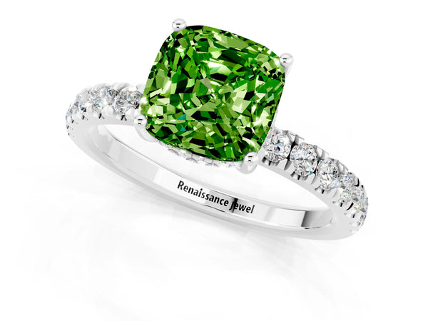 White gold Cushion Cut Peridot Pave Band Solitaire Ring with Round  and Prong Setting