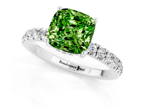 White gold Cushion Cut Peridot Pave Band Solitaire Ring with Four-Prong Setting_25