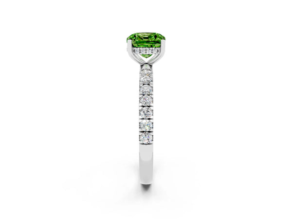 Platinum Cushion Cut Peridot Pave Band Solitaire Ring with Round  and Prong Setting