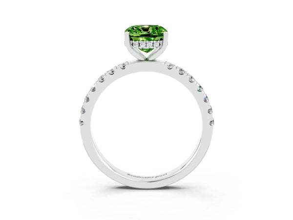 Platinum Cushion Cut Peridot Pave Band Solitaire Ring with Round  and Prong Setting