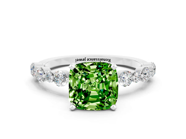 Platinum Cushion Cut Peridot Prong Set Engagement Ring with Pavé Band