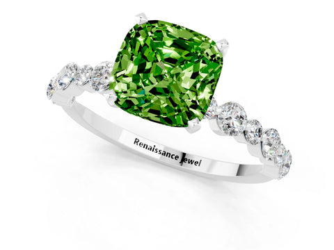 White gold Cushion Cut Peridot Prong Set Engagement Ring with Pavé Band_1