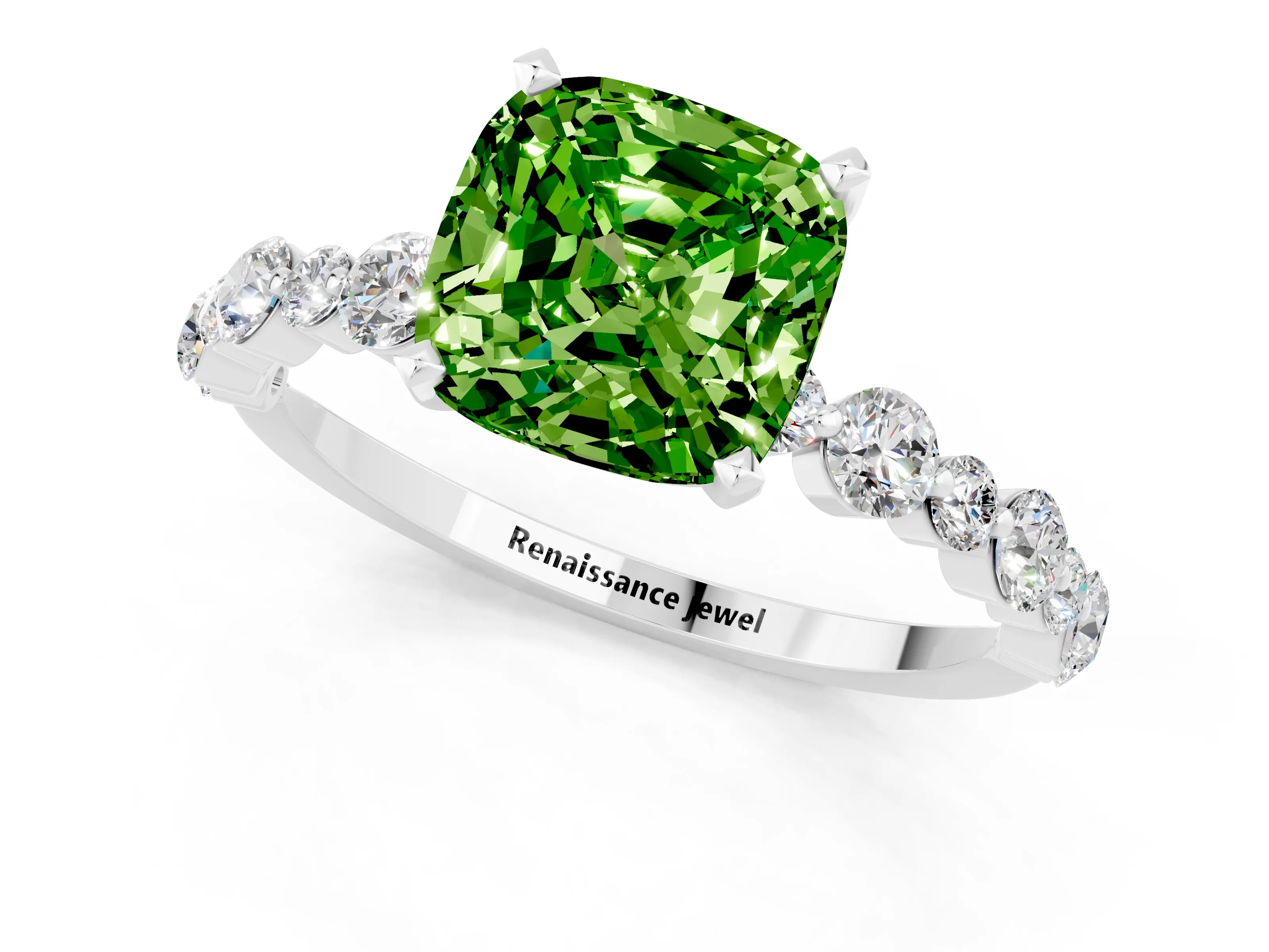 White gold Cushion Cut Peridot Prong Set Engagement Ring with Pavé Band_1