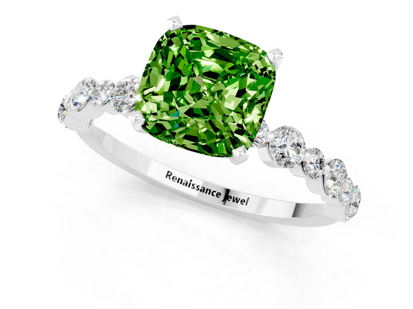 Silver Cushion Cut Peridot Prong Set Engagement Ring with Pavé Band