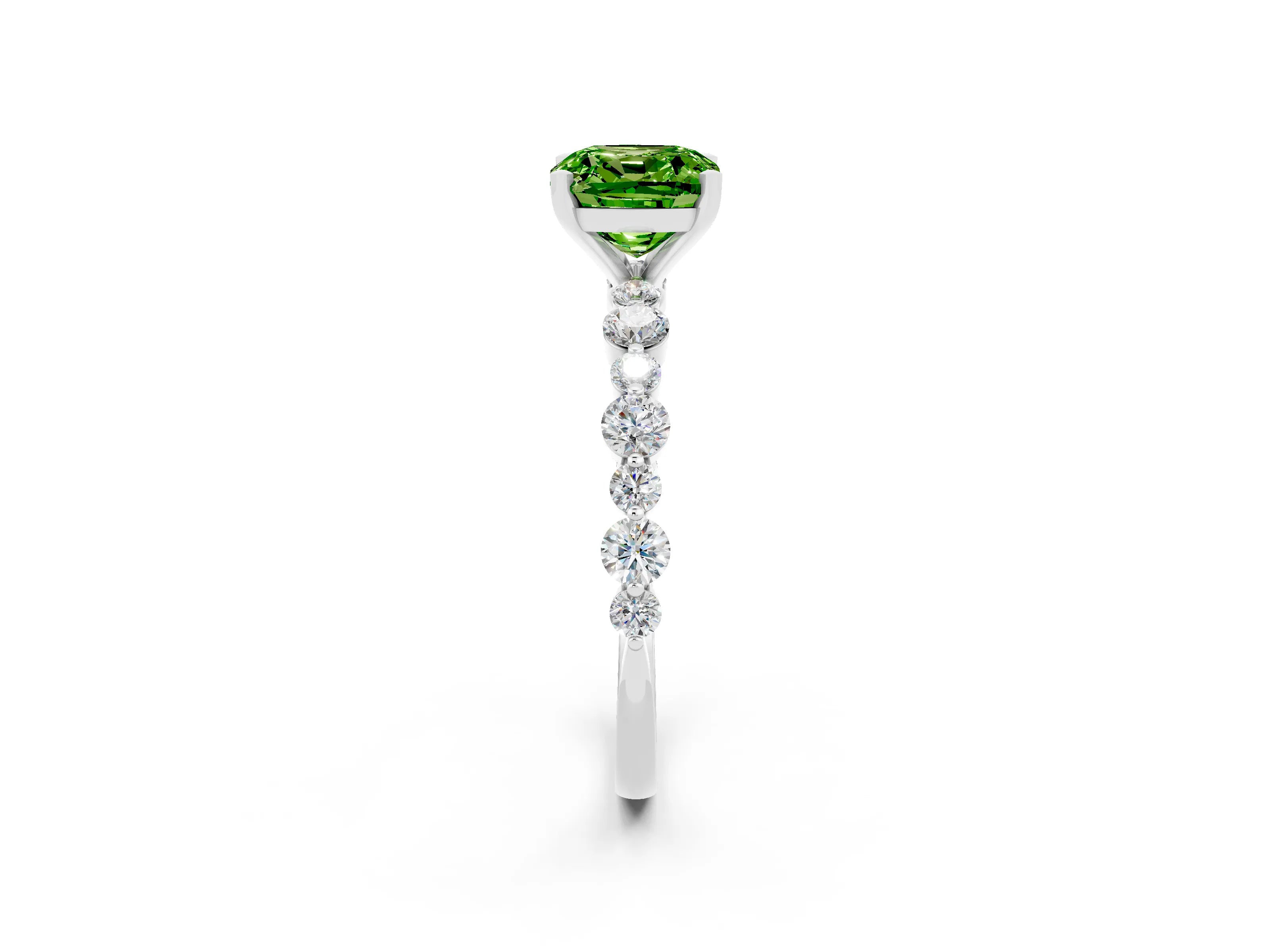 White gold Cushion Cut Peridot Prong Set Engagement Ring with Pavé Band_2