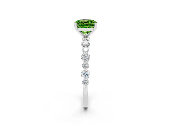Silver Cushion Cut Peridot Prong Set Engagement Ring with Pavé Band
