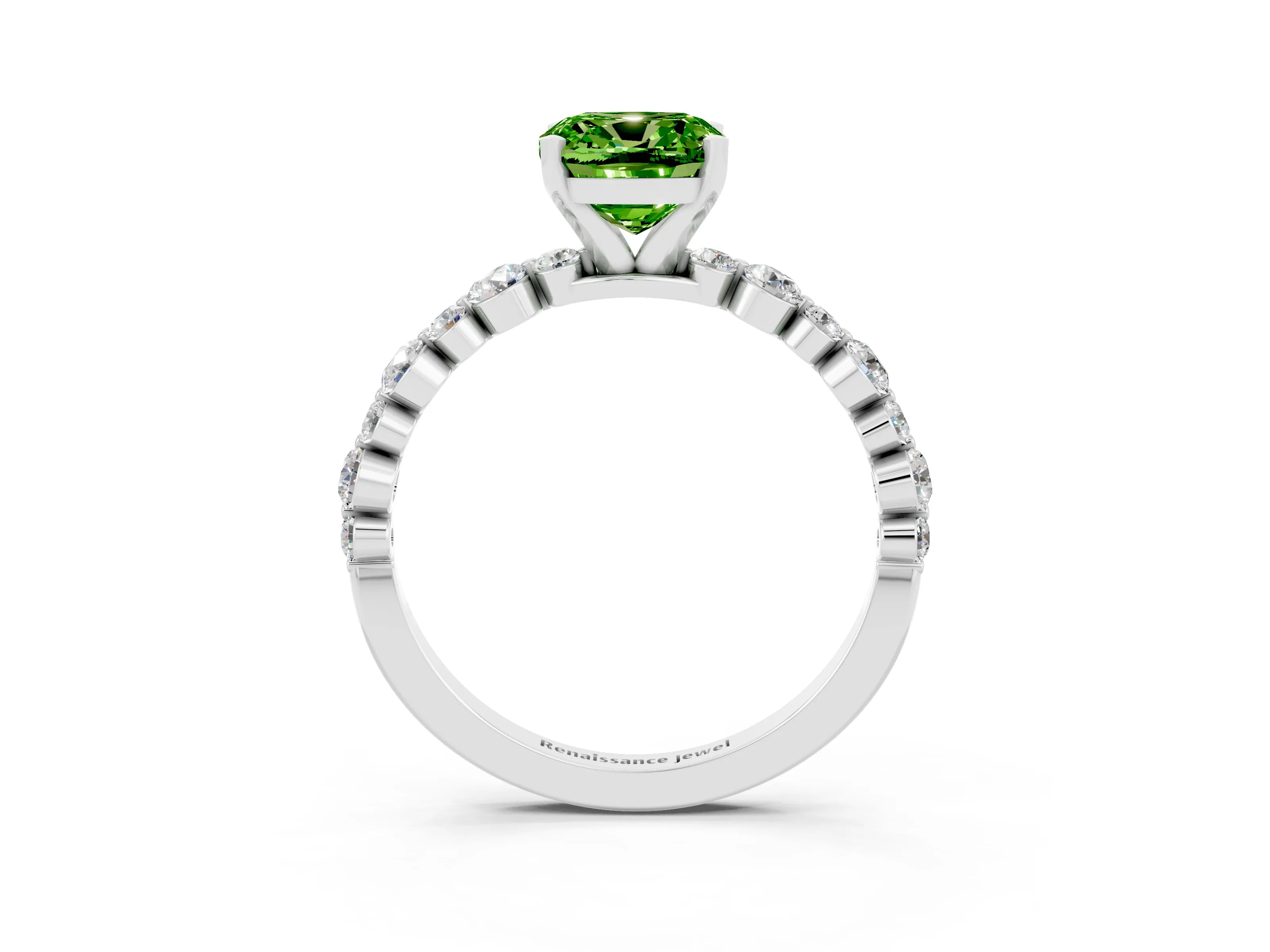 White gold Cushion Cut Peridot Prong Set Engagement Ring with Pavé Band_3