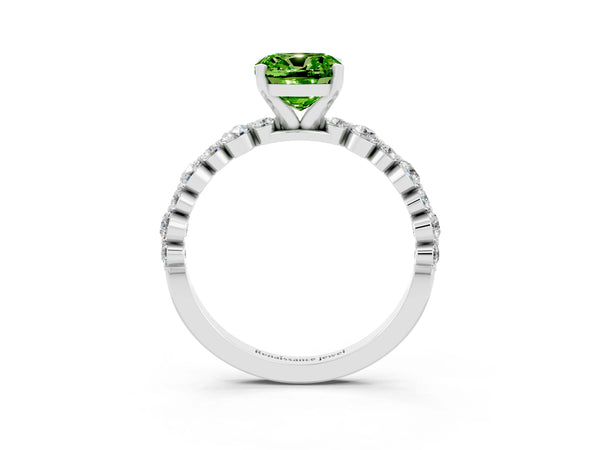 White gold Cushion Cut Peridot Prong Set Engagement Ring with Pavé Band