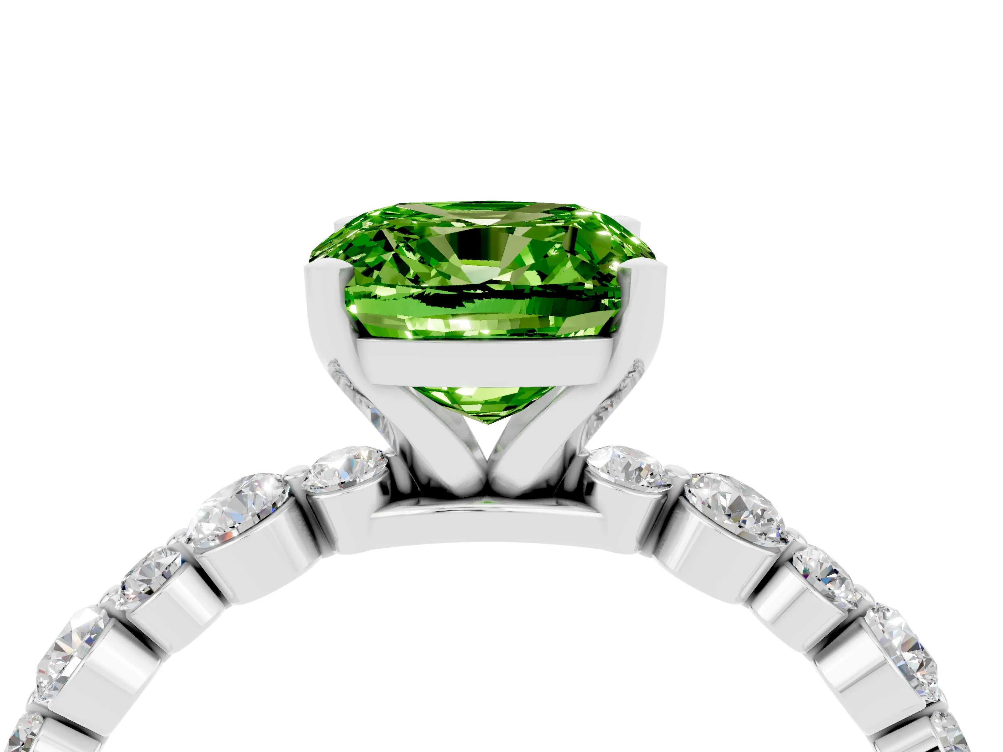 White gold Cushion Cut Peridot Prong Set Engagement Ring with Pavé Band_4