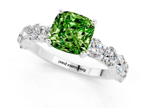 Silver Cushion Cut Peridot Prong Setting with Side Stones on a Pave Band