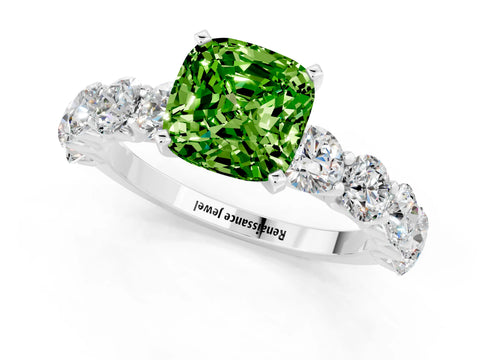 White gold Cushion Cut Peridot Prong Setting with Side Stones on a Pave Band_1
