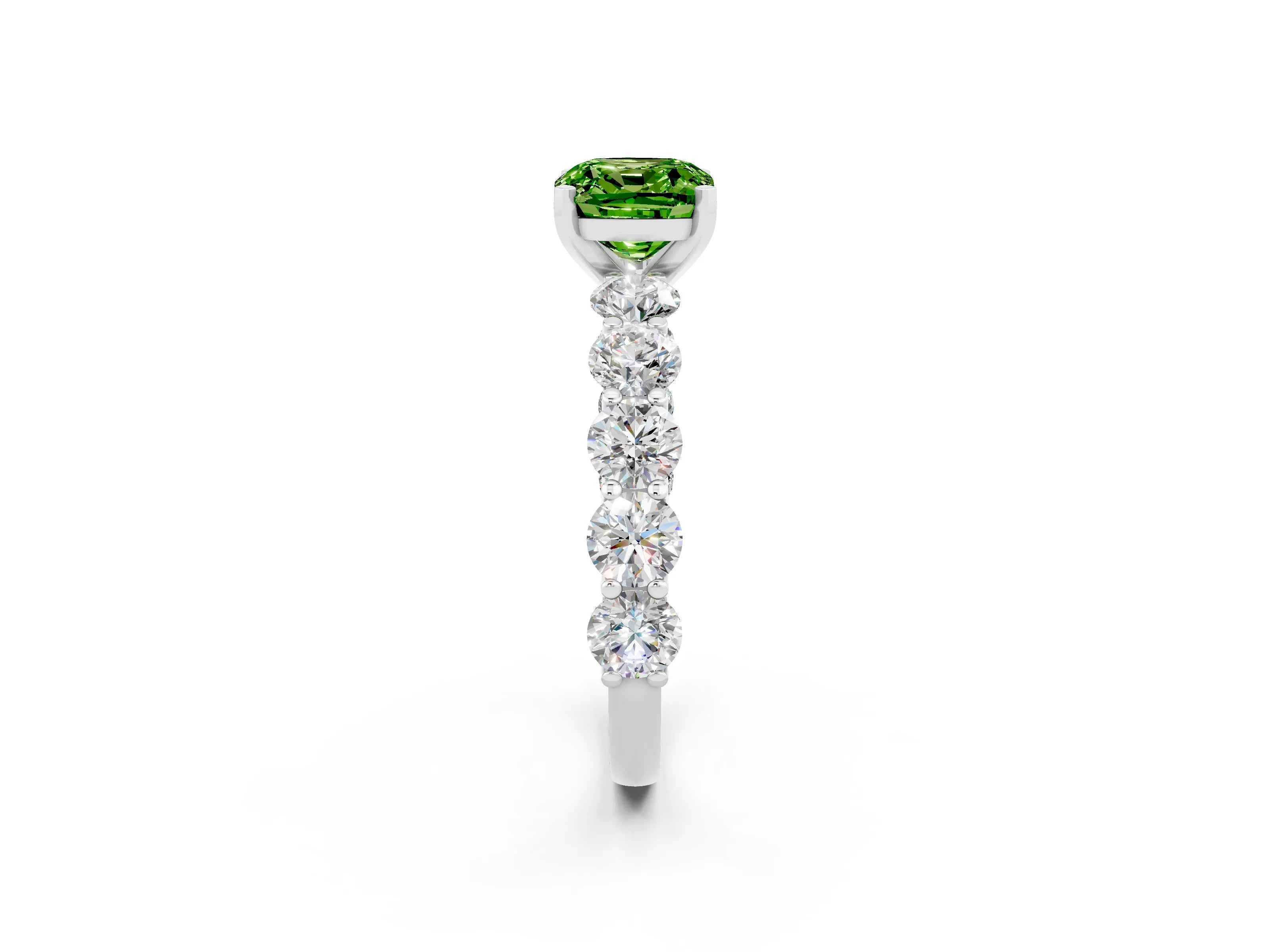 White gold Cushion Cut Peridot Prong Setting with Side Stones on a Pave Band_2