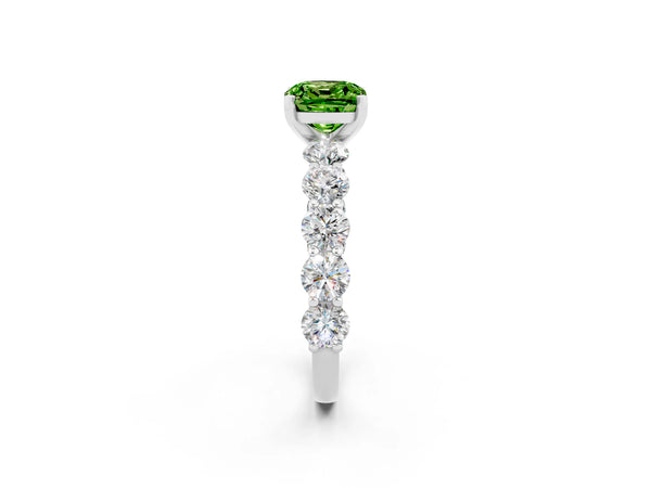 Platinum Cushion Cut Peridot Prong Setting with Side Stones on a Pave Band
