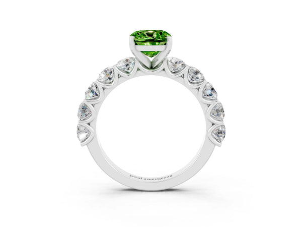 Silver Cushion Cut Peridot Prong Setting with Side Stones on a Pave Band