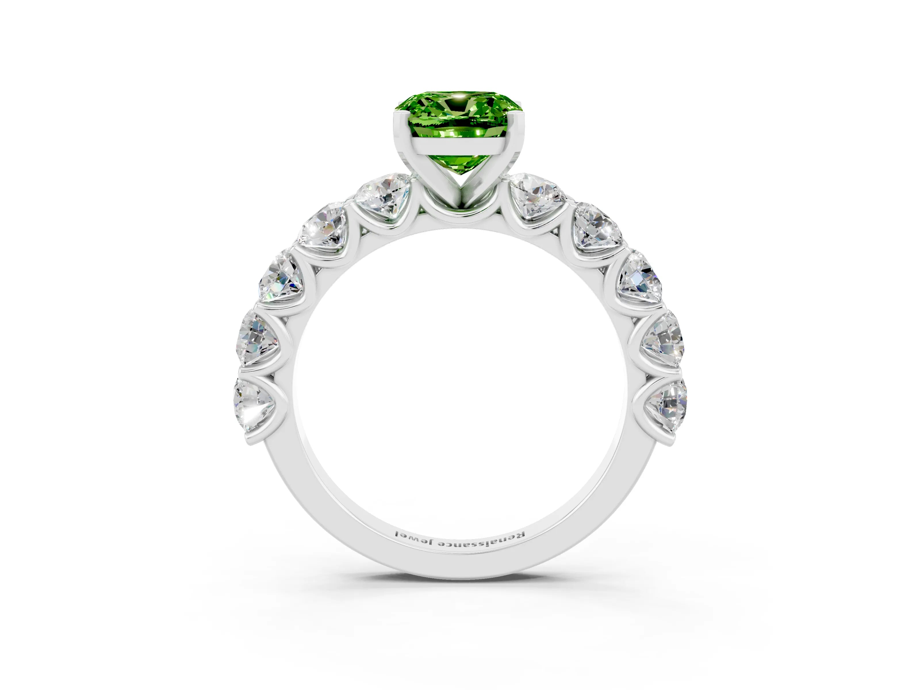 White gold Cushion Cut Peridot Prong Setting with Side Stones on a Pave Band_3