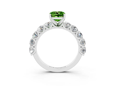 White gold Cushion Cut Peridot Prong Setting with Side Stones on a Pave Band_3